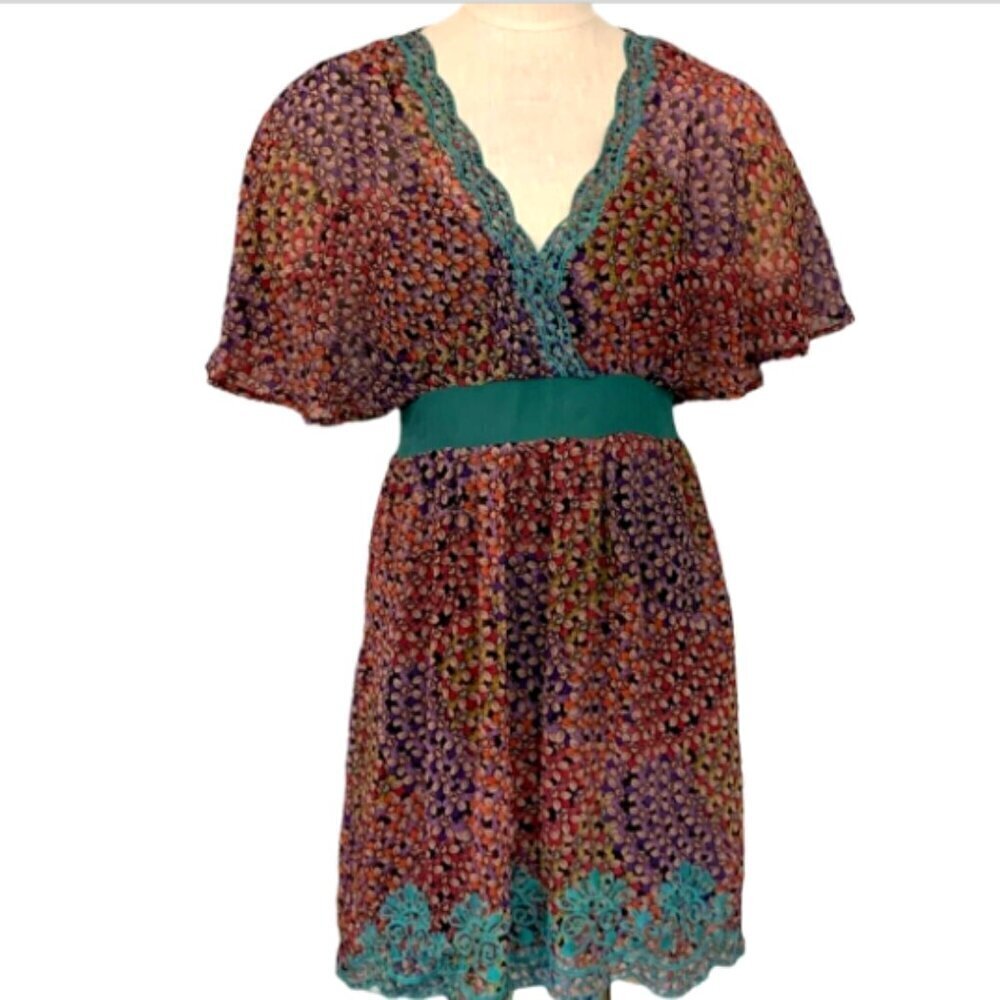 Flying‎ Tomato V-Neck Dress Floral Embroidered Flutter Sleeve Sz S #359G